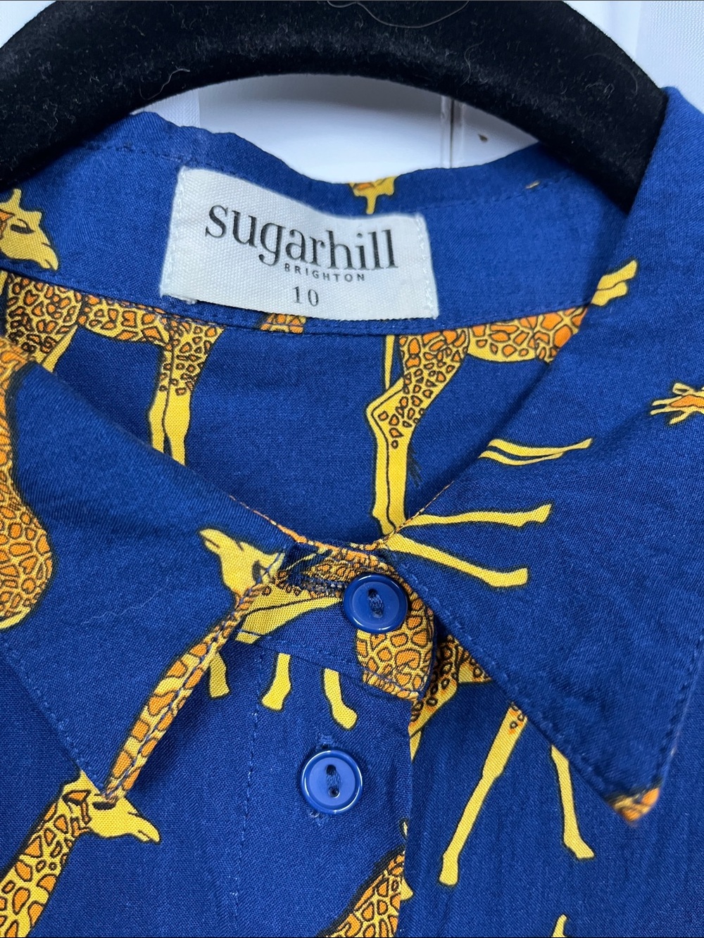Sugar Hill Shirt Dress The Reva 10 Navy Gold Giraffe Print Belt 100% Viscose EUC - Picture 2 of 10